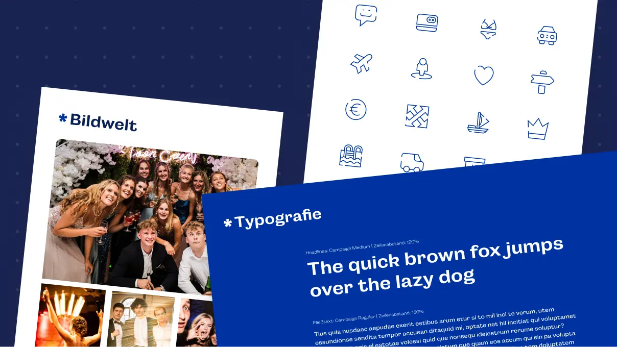 Ausschnitte aus dem abiteam*-Styleguide: Typografie-Seite mit der Schrift „Campaign", Iconset in Linienstil sowie Bildwelt-Seite mit Eventfotografien auf dunkelblauem Hintergrund.