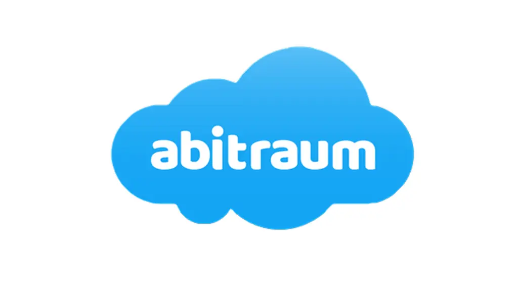Altes Logo der Marke „abitraum" auf weißem Hintergrund: verspielter Comic-Schriftzug in einer Wolkenform in Blau.