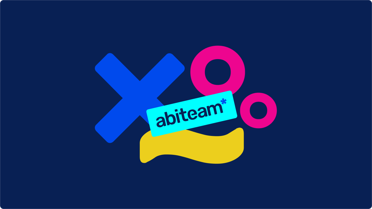 Darstellung des abiteam*-Logos in verschiedenen Farbvarianten auf blauem, gelbem, pinkfarbenem und dunklem Hintergrund, kombiniert mit der Farbpalette des Markensystems auf dunkelblauem Hintergrund.