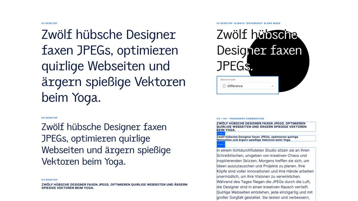 Typografie-System der Agraya-Website mit H1-, H2- und H3-Schriftgrößen für Desktop, Paragraph-Kombinationen sowie Blend-Mode-Effekten – demonstriert die konsistente Schrifthierarchie im Webdesign.