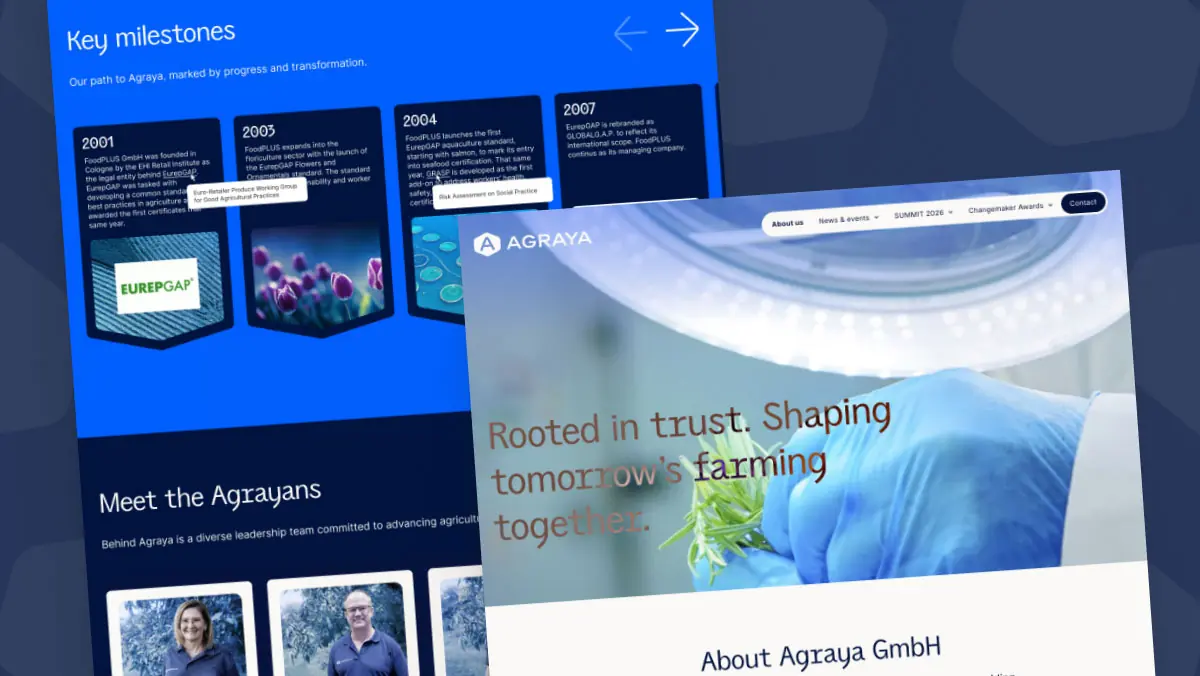 Zwei Screens der Agraya About-Seite: links eine interaktive Key-Milestones-Timeline mit Jahreszahlen und Bildern, rechts der Hero mit dem Claim „Rooted in trust. Shaping tomorrow's farming together." und der Teamsektion „Meet the Agrayans".
