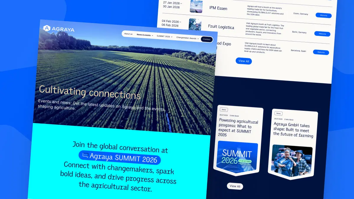 Events-und-News-Seite der Agraya-Website mit Hero-Bild eines Getreidefelds, Eventliste mit Messen wie IPM Essen und Fruit Logistica, Cyan-farbigem Summit-2026-Teaser-Banner sowie News-Kacheln – alles in konsequentem Marken-Design.