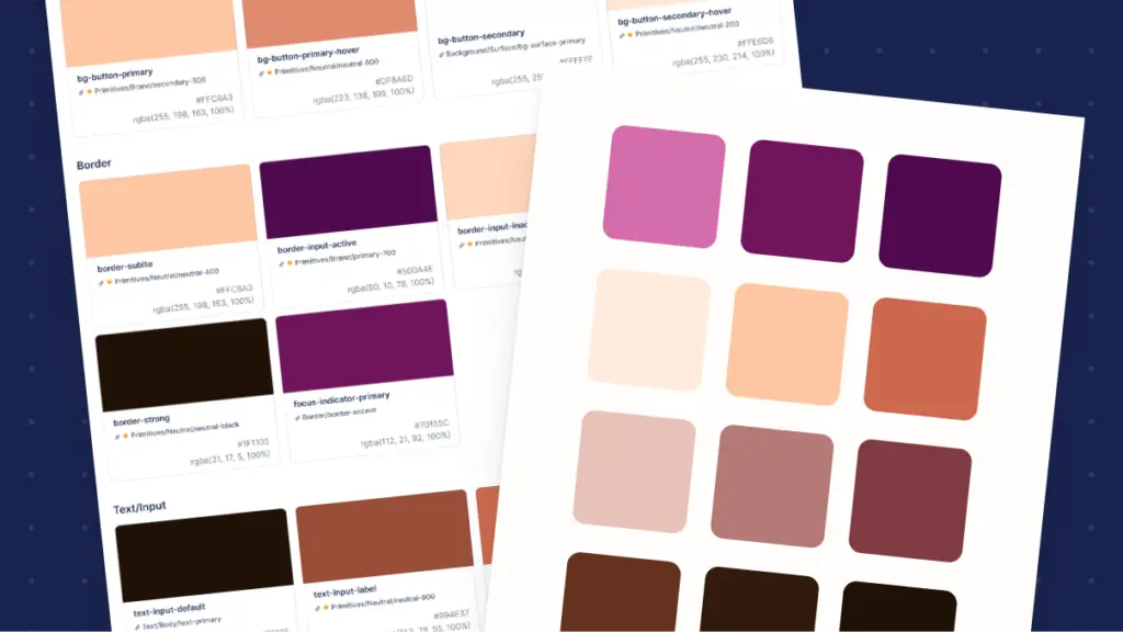 Design-Dokumentation der FaMiPA Brand Color Tokens in Figma: Farbpalette mit Lila-, Rosa- und Terracotta-Tönen als semantische UI-Tokens für Buttons, Borders und Text-Inputs.