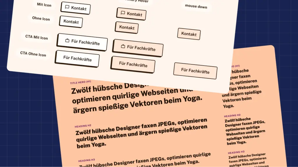Typografie-Dokumentation des FaMiPA Webdesigns: Schriftschnitte von H1 bis H3 sowie Button-Varianten mit und ohne Icon in verschiedenen Zuständen – entwickelt als konsistentes Design System.