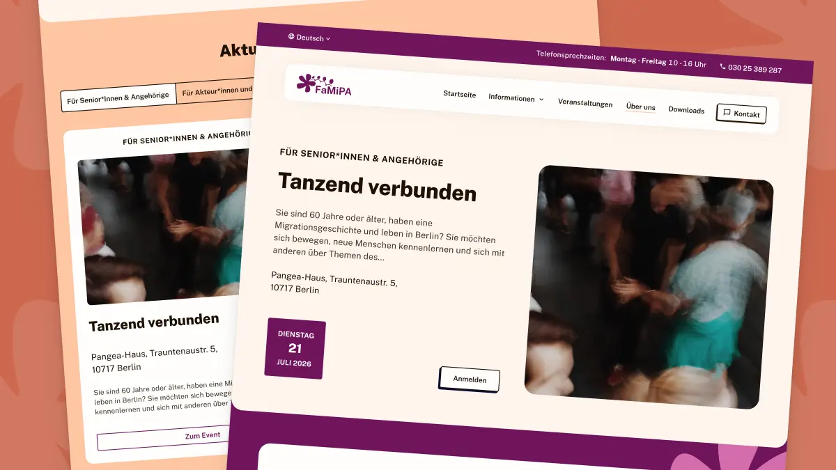 Desktop-Ansicht der FaMiPA-Veranstaltungsseite mit Event-Karte „Tanzend verbunden", Datumsanzeige, Anmeldebutton und responsivem Layout – barrierefreies Webdesign für Senior:innen mit Migrationsgeschichte.