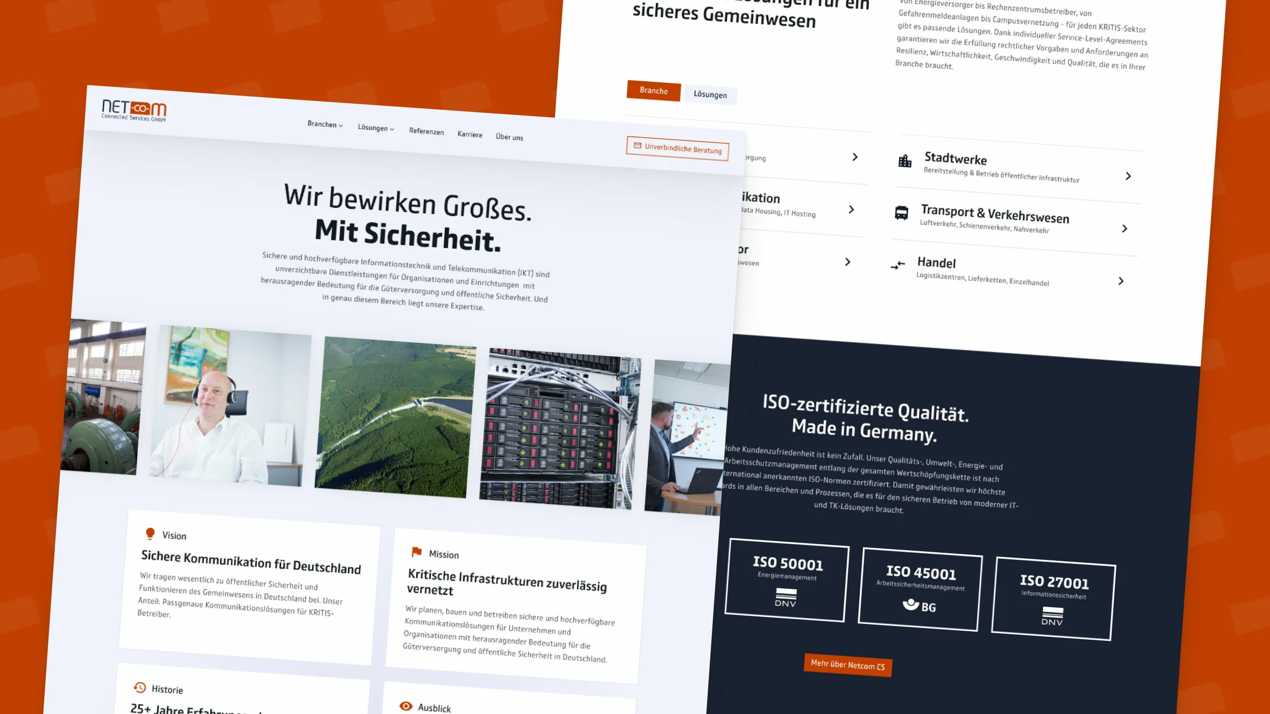 Screenshot der "Über Uns"-Seite für Netcom, die das Engagement für Sicherheit und ISO-zertifizierte Qualität im Bereich kritischer Infrastrukturen zeigt.