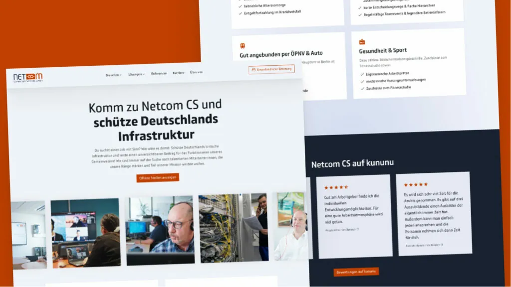 Ansicht der Karriere-Seite von Netcom auf einem Desktop, die mit gezieltem Employer Branding um neue Mitarbeiter:innen für den Schutz kritischer Infrastrukturen wirbt.