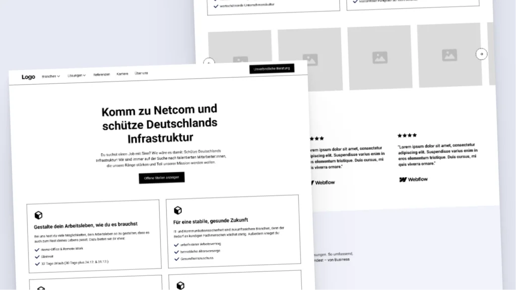 Ein Wireframe der Netcom-Karriere-Seite, das den strukturellen Aufbau und die User Experience in einer frühen Designphase zeigt.