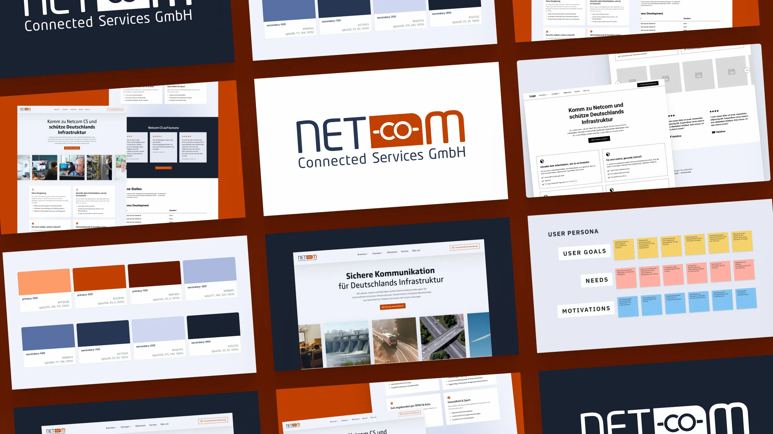 Eine Collage, die verschiedene Ergebnisse des Netcom-Projekts zeigt, darunter Logo-Design, Webseiten-Layouts und die User Persona – ein Beispiel für ganzheitliche Markenstrategie.