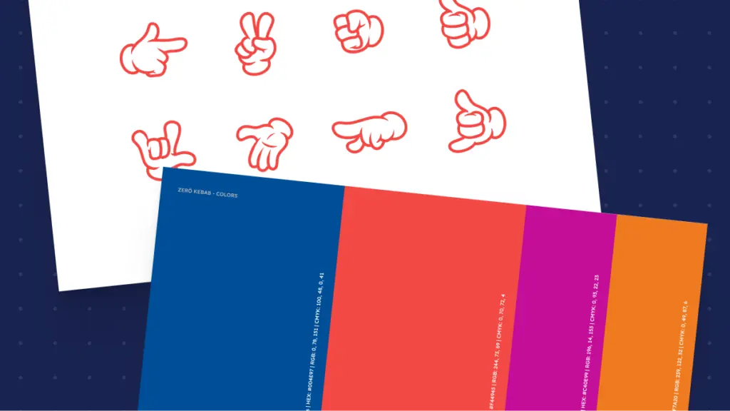 Branddesign von Zerö Kebab: Cartoon-Handgesten-Icons in Rot-Weiß sowie das offizielle Farbpaletten-Sheet mit Blau, Rot, Magenta und Orange als Markenfaben.