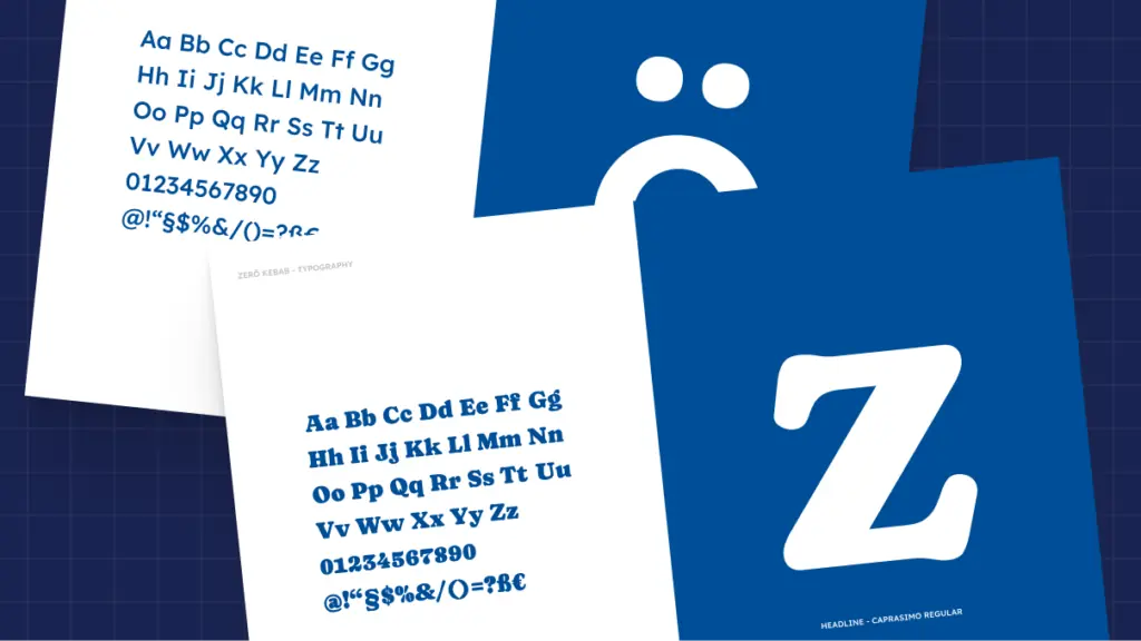 Typografie-Konzept für Zerö Kebab: Zwei Schriftschnitte im Einsatz – eine serifenlose Groteskschrift für Fließtext und die Display-Schrift Caprasimo Regular für Headlines, gezeigt auf weißem und blauem Hintergrund.