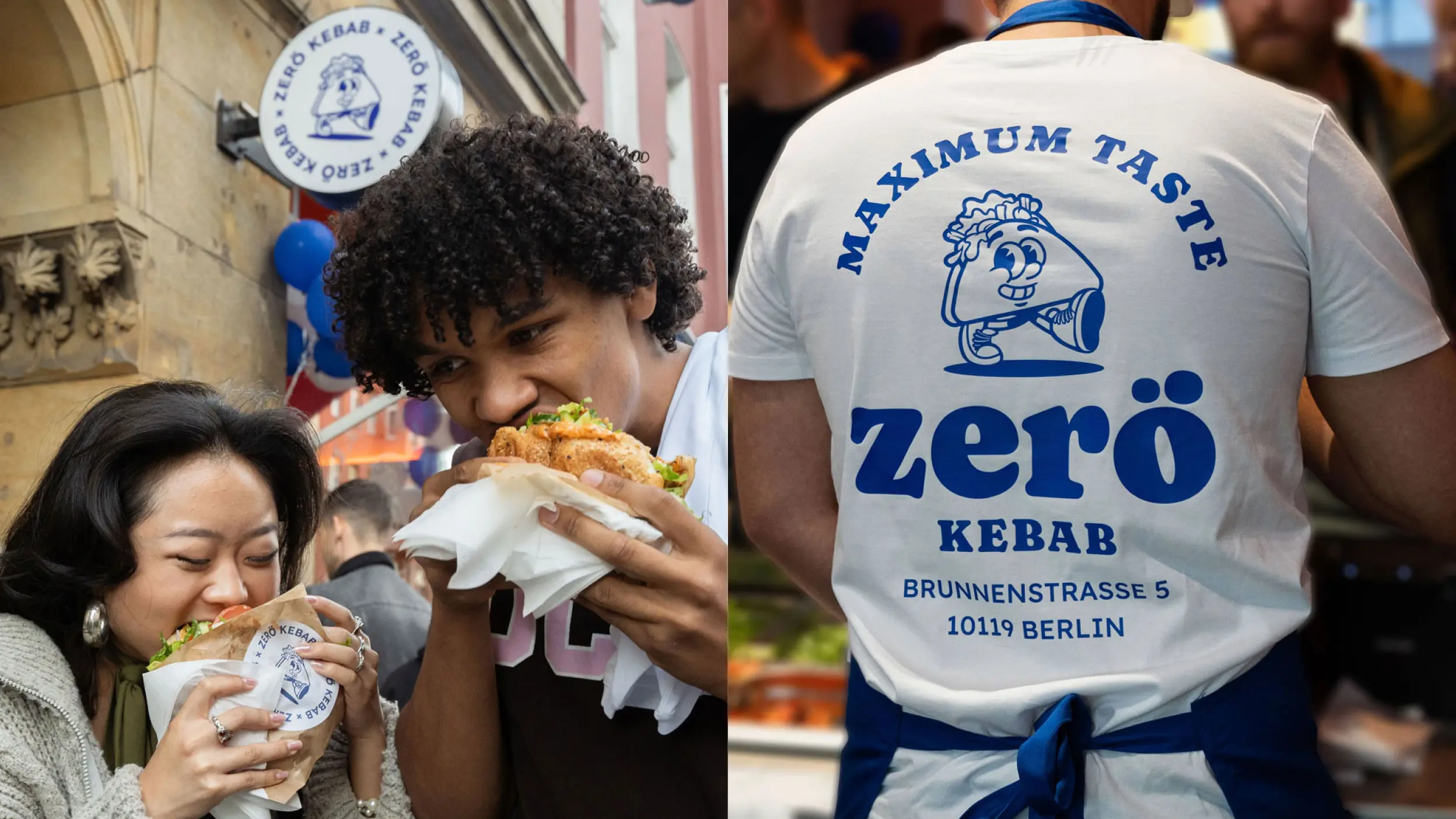 Zwei Personen beißen enthusiastisch in Zerö Kebab-Dönertaschen vor dem Berliner Store, daneben ein Mitarbeiter mit dem Zerö-Kebab-T-Shirt mit Markenaufdruck auf dem Rücken.