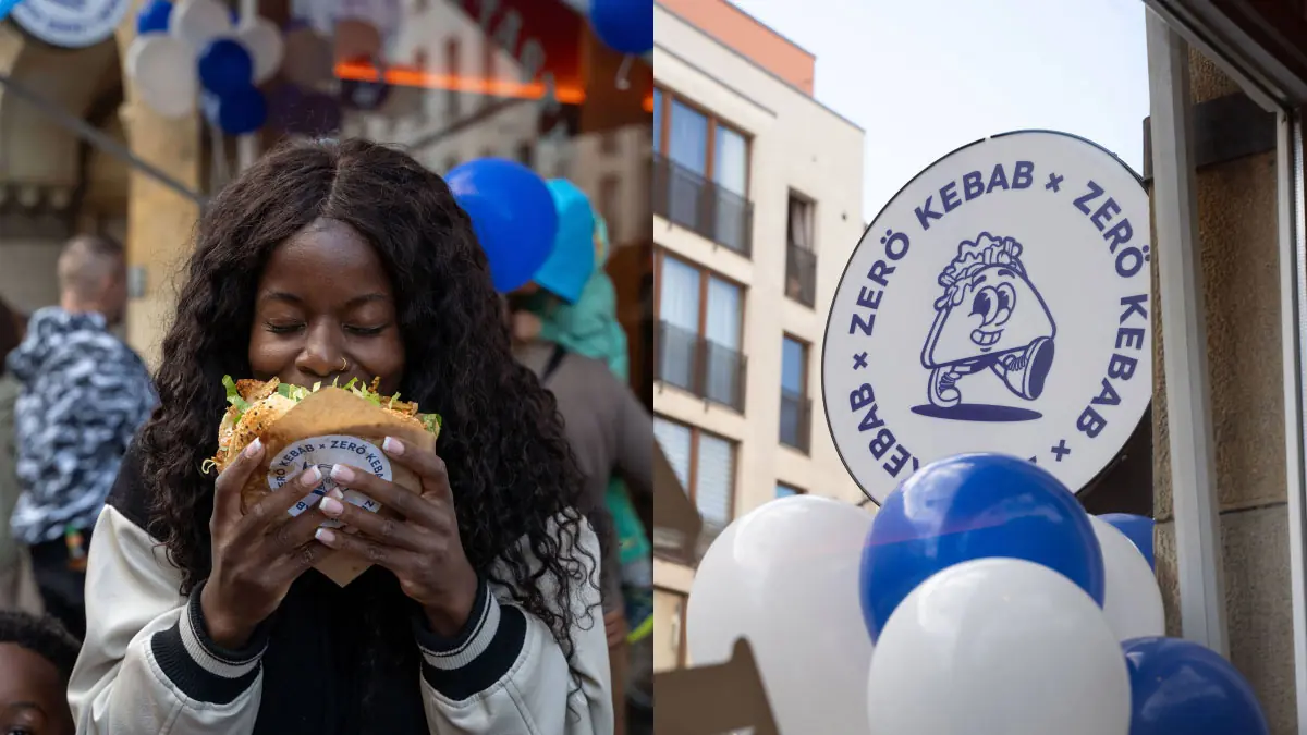 Zwei Fotos von der Zerö-Kebab-Eröffnung in Berlin: Eine Frau genießt einen Döner in der Menge, daneben das runde Zerö-Kebab-Außenschild mit Maskottchen, umrahmt von blau-weißen Luftballons.