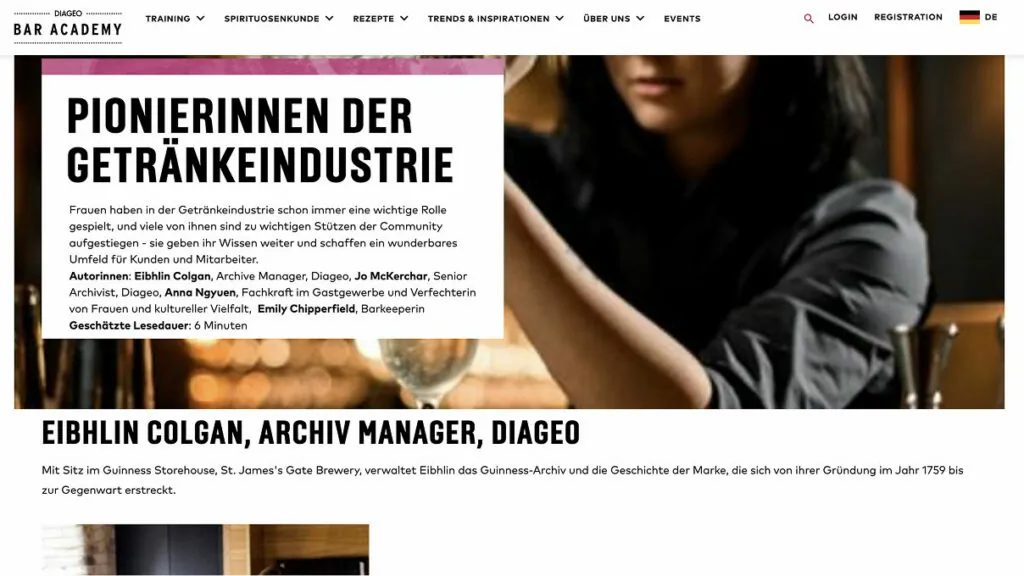 Website-Blog-Artikel Header „Pionierinnen der Getränkeindustrie“ mit Autorenliste und Lesezeit-Info, Diageo Bar Academy.