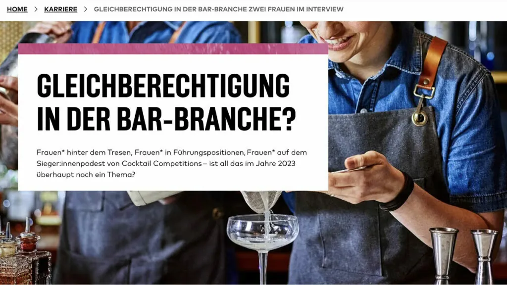 Website-Blog-Artikel „Gleichberechtigung in der Bar-Branche?“ mit Text-Overlay, Breadcrumbs und Callout-Box, Diageo Bar Academy.