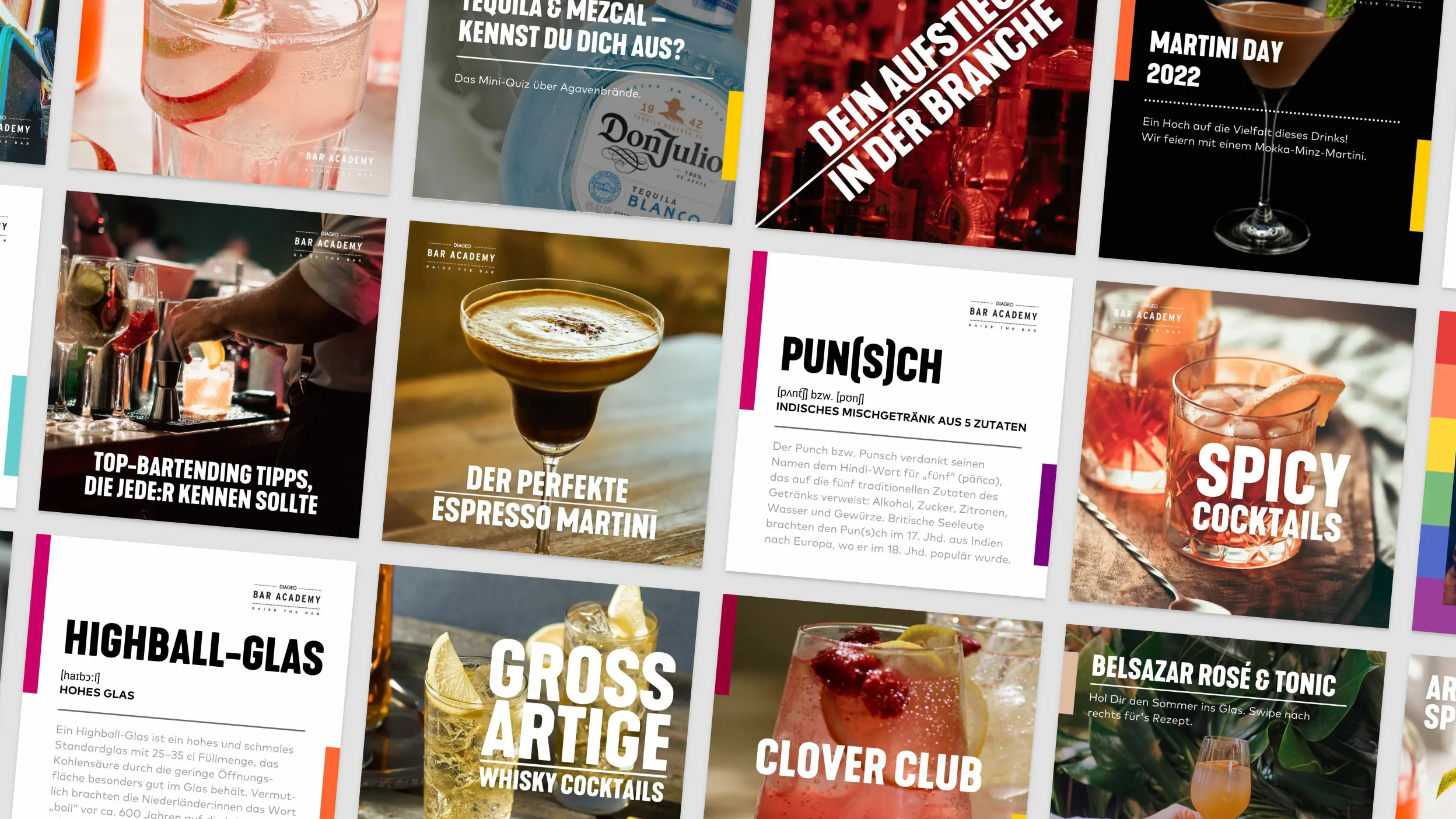 Social-Media-Post-Collage im Diageo Bar Academy Branding mit Cocktail-, Quiz- und Tipp-Content für Social Media Marketing.