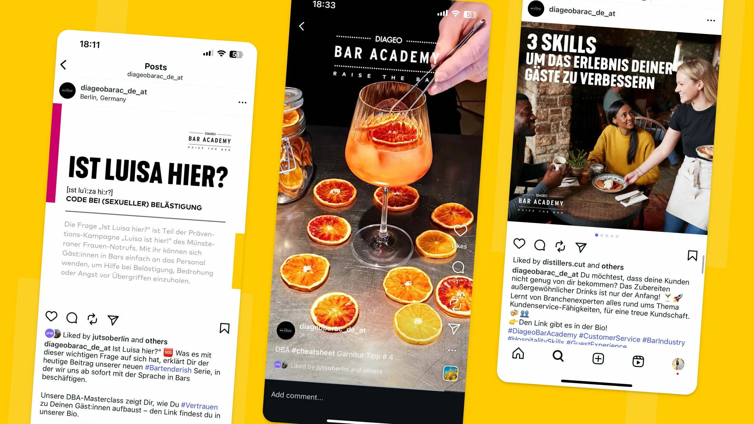 Screenshot des Diageo Bar Academy Social-Media-Feeds: Post-Designs zu Drinks, Tipps und Kundenservice im Bar-Academy-Branding.