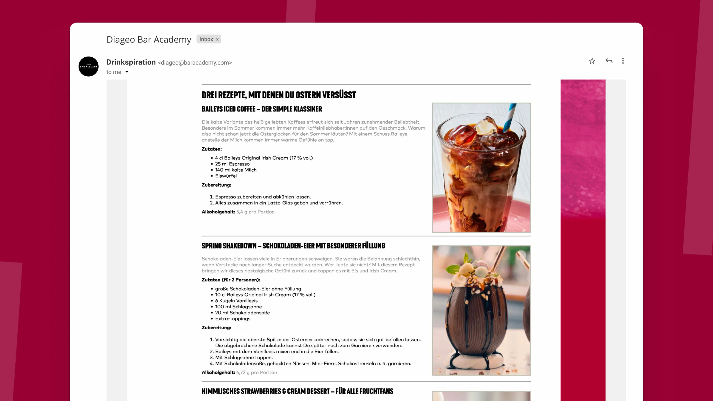 Newsletter-Entwurf (E-Mail-Design) mit Rezepten und Zutatenangaben im Diageo Bar Academy Branding.
