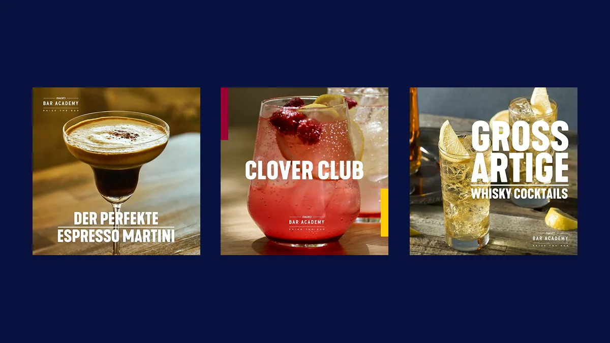 Drei Social-Media-Posts der Diageo Bar Academy im Glossar-Stil auf dunkelblauem Hintergrund: eine Erklärung des Begriffs „Proof" als Maßeinheit für Alkoholgehalt, die Präventionskampagne „Ist Luisa hier?" zum Schutz vor Belästigung in Bars, und eine Definition des „Highball-Glases" mit Herkunftsgeschichte – alles im typografisch klaren Bar-Academy-Branding.