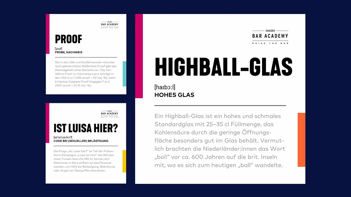 Drei Social-Media-Posts der Diageo Bar Academy: ein futuristischer Trend-Report-Post „Future Flavours – Getränke Trends 2023" mit Neon-Roboter-Visual, ein eleganter „Martini Day 2022"-Post mit Mokka-Minz-Martini auf schwarzem Hintergrund, sowie ein Bartending-Praxis-Post „Top-Bartending Tipps, die jede:r kennen sollte" mit einem Barkeeper beim Cocktail-Zubereiten.