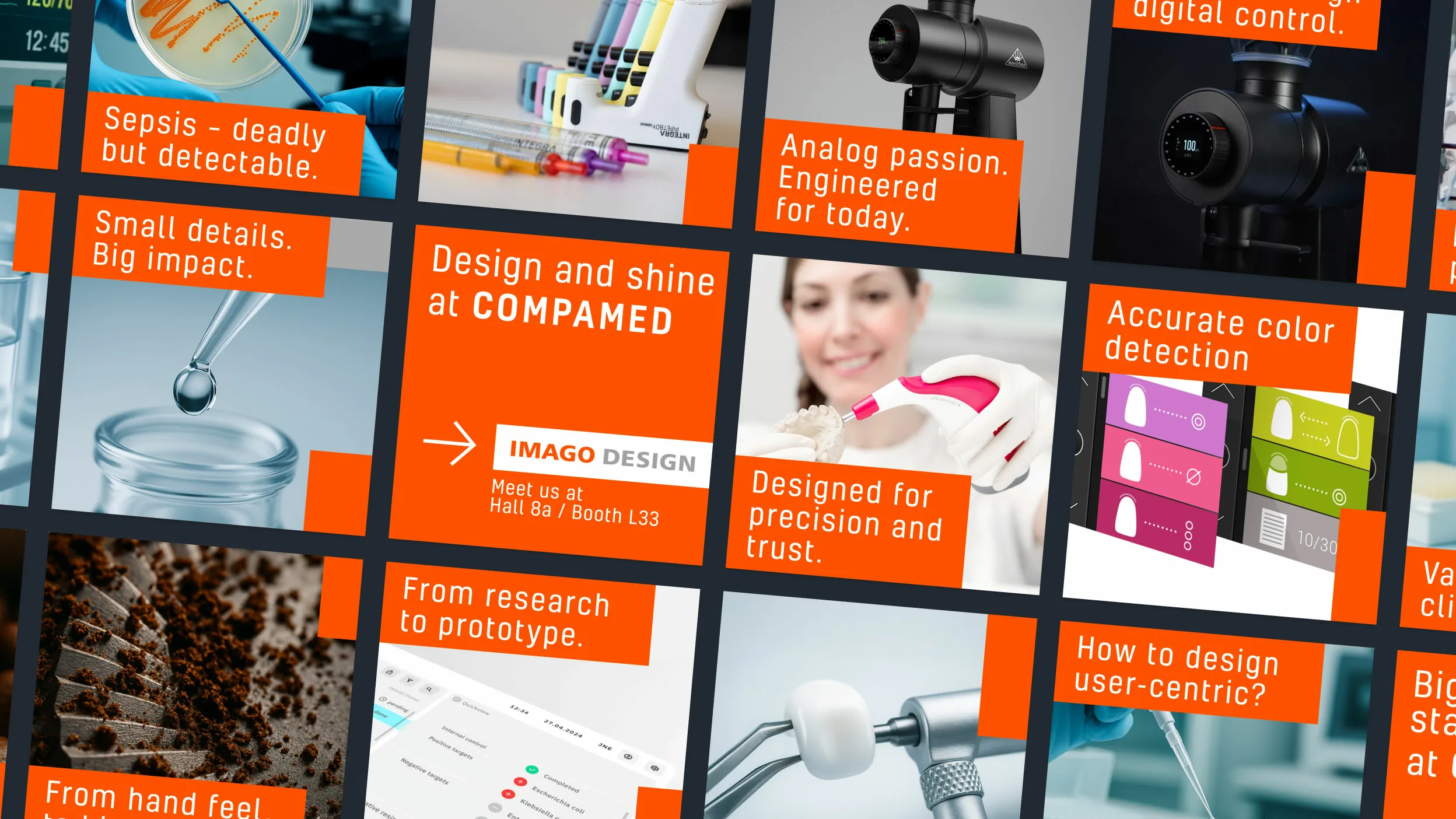 Mood Board für die Case Study der Imago-Kampagne über digitale Sichtbarkeit. Das Raster zeigt verschiedene Kacheln mit Medizintechnik-Visuals, die für die Kampagne verwendet wurden. Markante orangefarbene Textboxen ergänzen die Bilder mit Slogans, die Nutzer:innen im Rahmen einer strategischen B2B-LinkedIn Kampagne gezielt ansprechen.