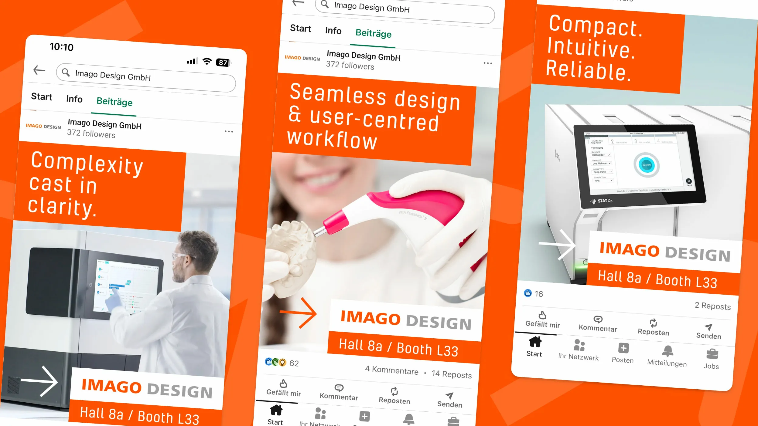 Drei Smartphone-Displays zeigen LinkedIn-Beiträge der Imago Design GmbH vor einem leuchtend orangefarbenen Hintergrund. Die digitalen Anzeigen präsentieren medizinische Hardware sowie smarte Interfaces und sprechen Fach-Nutzer:innen mit prägnanten, englischsprachigen Slogans an. Das konsistente Branding und die klaren Call-to-Actions für einen Messeauftritt demonstrieren eine zielgerichtete B2B-Marketing-Strategie für maximale Reichweite.