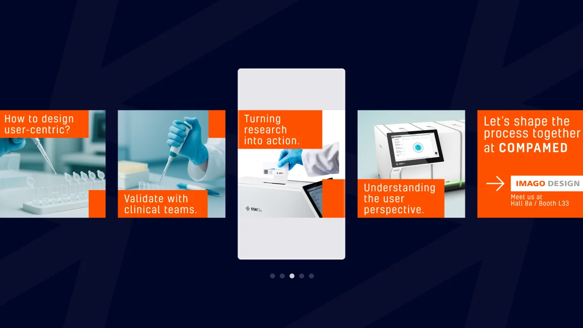 Auf dunkelblauem Hintergrund präsentieren drei nebeneinanderliegende Karussell-Anzeigen das Look and Feel einer B2B-Kampagne. Die Bildstrecken zeigen medizinische Geräte und digitale Interfaces, jeweils ergänzt durch markante orangefarbene Textboxen mit englischen Slogans. Das konsistente Branding der vom Kunden gelieferten Visuals sorgt für einen hohen Wiedererkennungswert, den wir durch unser gezieltes Marketing für Nutzer:innen sichtbar machen.