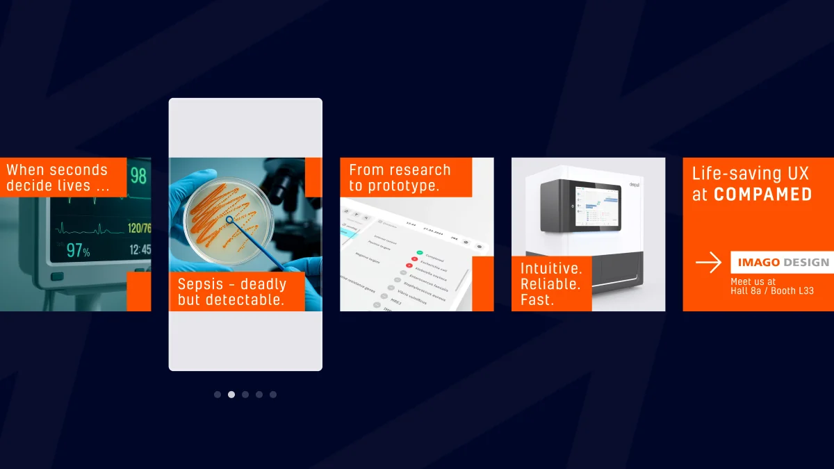 Auf dunkelblauem Hintergrund präsentieren drei nebeneinanderliegende Karussell-Anzeigen das Look and Feel einer B2B-Kampagne. Die Bildstrecken zeigen medizinische Geräte und digitale Interfaces, jeweils ergänzt durch markante orangefarbene Textboxen mit englischen Slogans. Das konsistente Branding der vom Kunden gelieferten Visuals sorgt für einen hohen Wiedererkennungswert, den wir durch unser gezieltes Marketing für Nutzer:innen sichtbar machen.