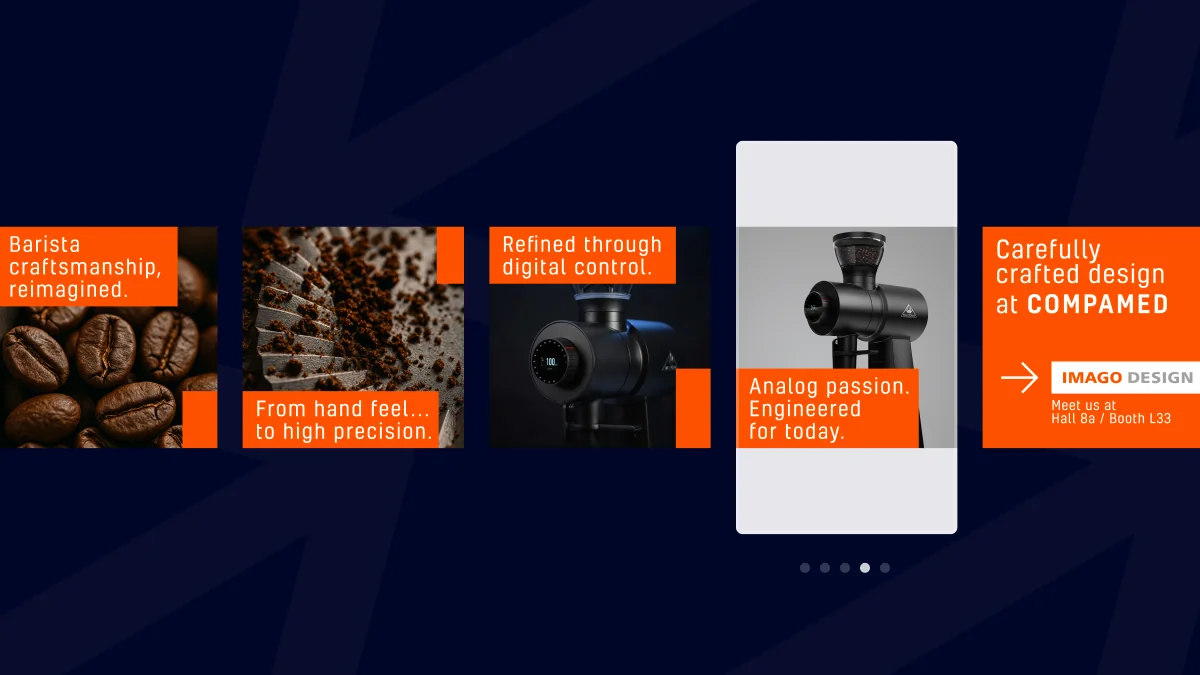 Auf dunkelblauem Hintergrund präsentieren drei nebeneinanderliegende Karussell-Anzeigen das Look and Feel einer B2B-Kampagne. Die Bildstrecken zeigen medizinische Geräte und digitale Interfaces, jeweils ergänzt durch markante orangefarbene Textboxen mit englischen Slogans. Das konsistente Branding der vom Kunden gelieferten Visuals sorgt für einen hohen Wiedererkennungswert, den wir durch unser gezieltes Marketing für Nutzer:innen sichtbar machen.
