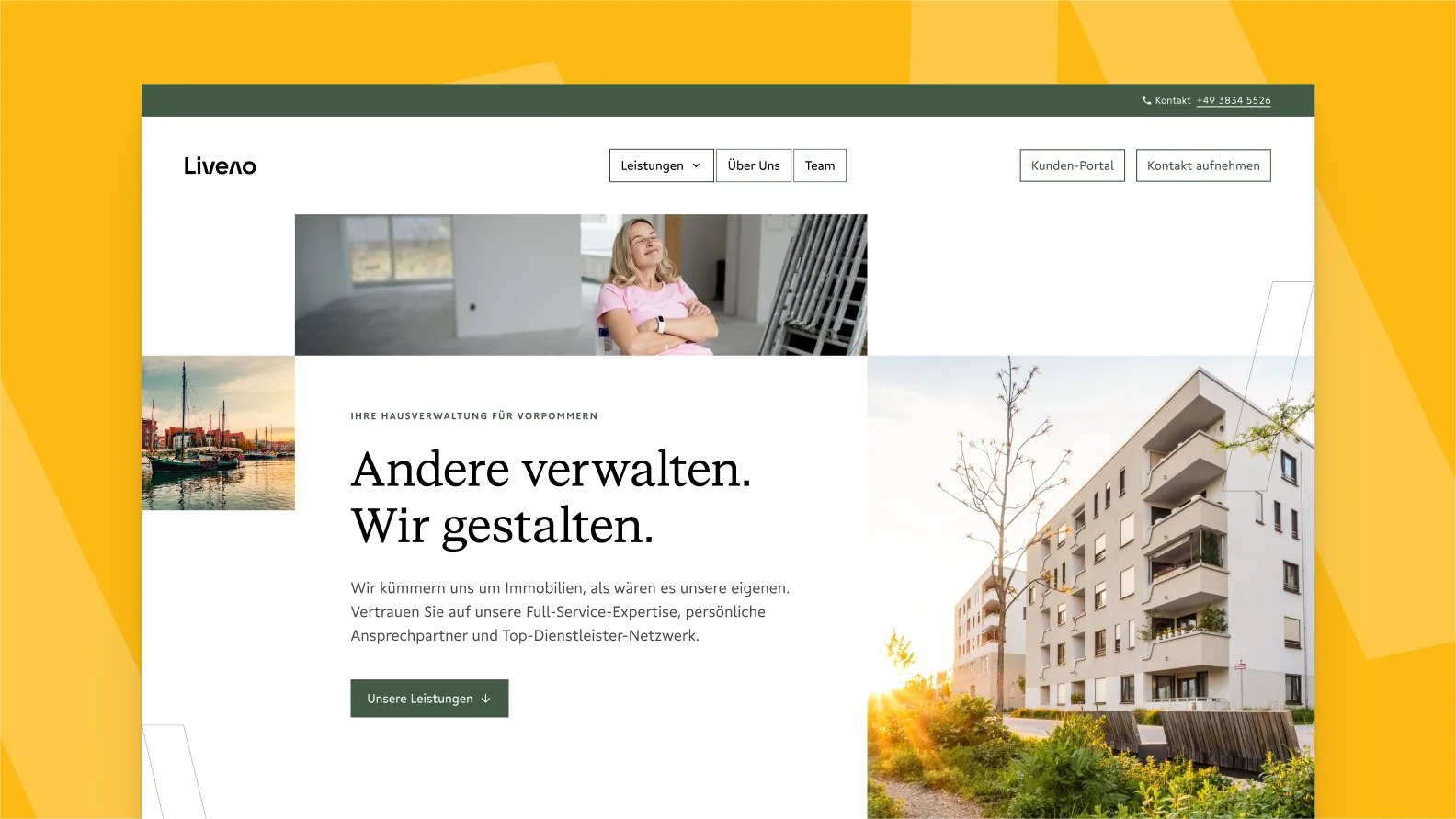 Screenshot der Website der digitalen Hausverwaltung Liveno auf Desktop..