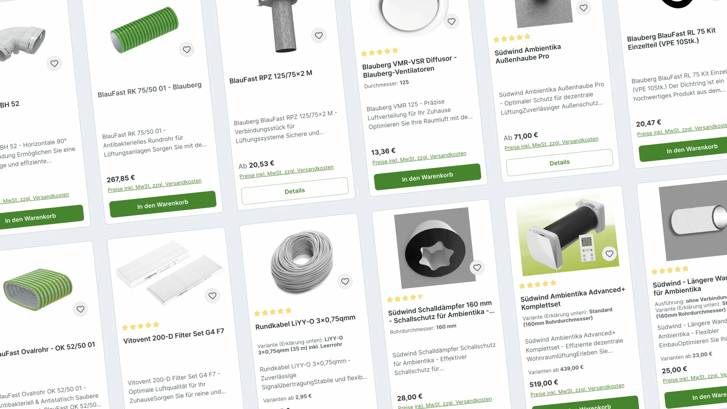 Ein moderner Online-Shop zeigt verschiedene Lüftungsartikel in einem klaren Raster-Layout mit Preisen und Call-to-Action-Buttons. Durch nutzerzentriertes Webdesign führen wir Nutzer:innen intuitiv und barrierefrei zum Kaufabschluss.