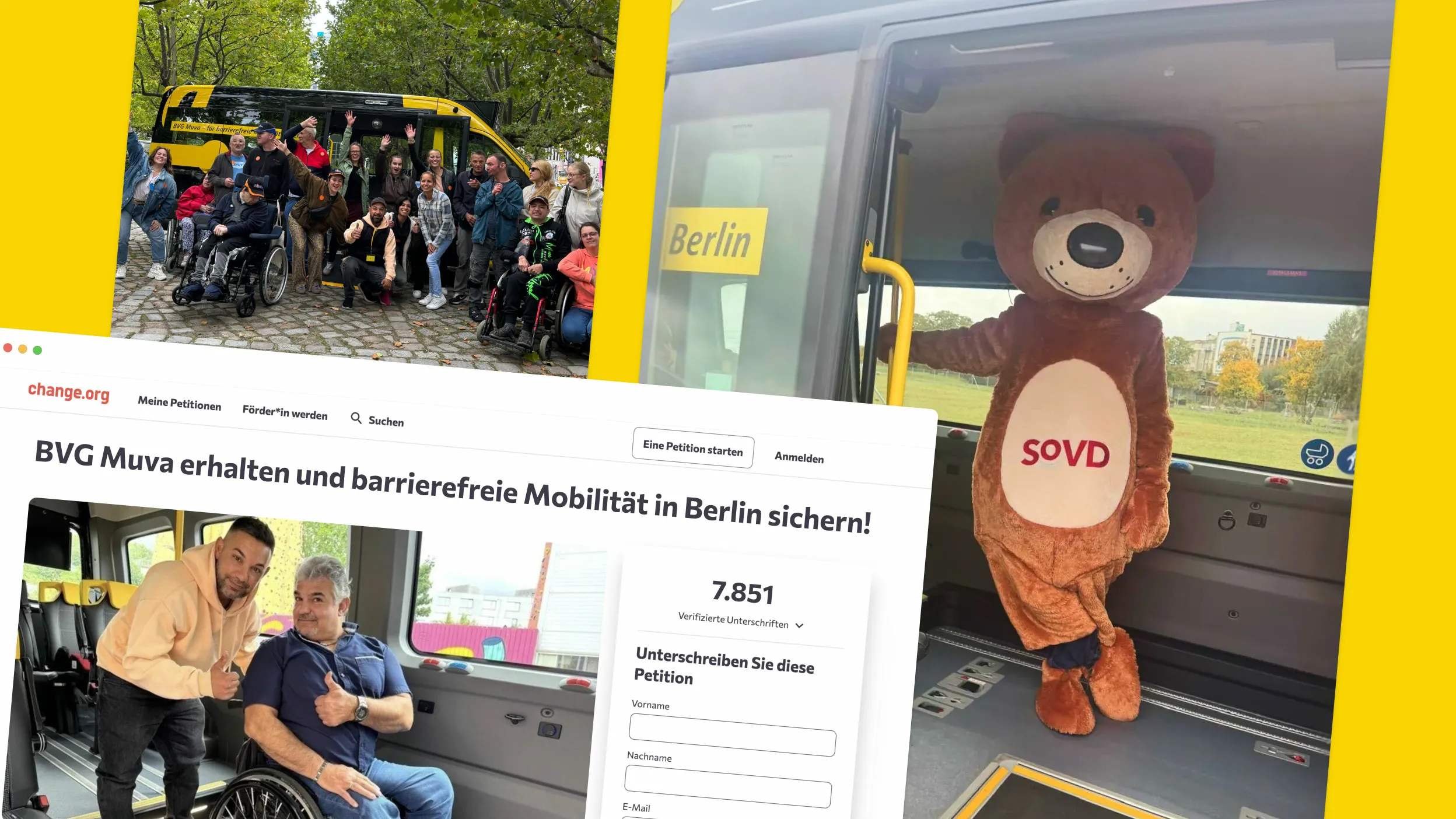 Eine Collage dokumentiert unsere strategische PR & Event-Arbeit für den BVG Muva. Eine Gruppe mit Rollstuhlnutzenden feiert vor einem gelben Kleinbus. Ein Screenshot zeigt eine Online-Petition für barrierefreie Mobilität mit fast achttausend Unterschriften. Rechts demonstriert ein SoVD-Bärenmaskottchen den barrierefreien Einstieg des Busses.