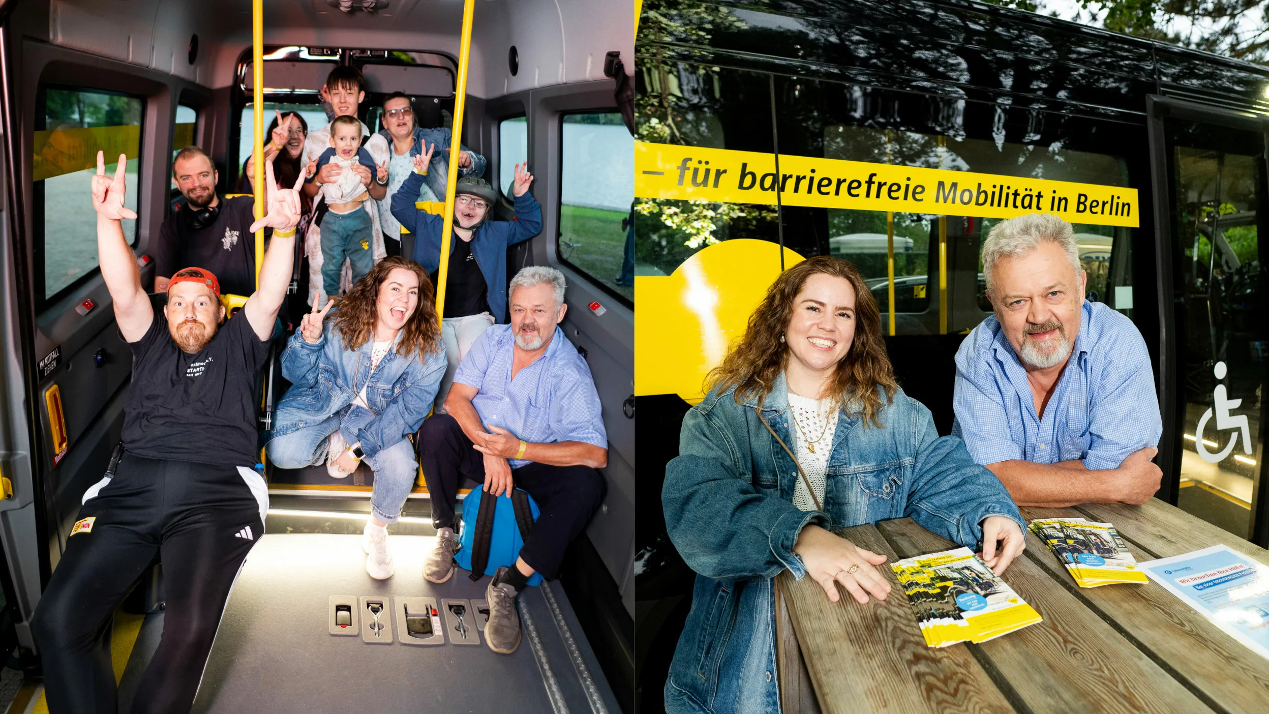 Teilnehmer:innen des Sommerfest des StartHilfe e.v. zusammen mit Franziska vom jut-so Team im BVG Muva. Gruppenfoto im Innenraum eines barrierefreien Shuttle-Busses, Menschen im Bus geben Zeichen, Setting für Inklusions-Event und Kampagnen-PR zur Rettung des BVG Muvas und zur Unterstützung von Menschen mit Mobilitätseinschränkungen.