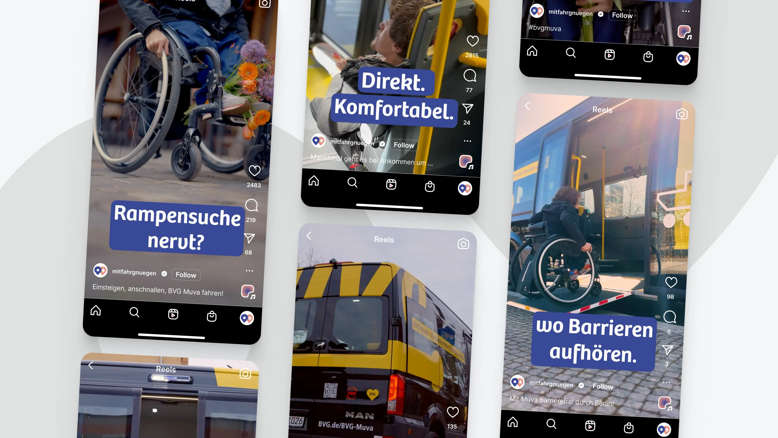 Reels-Auschnitte aus dem Instagram-Kanal „mitfahrgnügen“ für BVG Muva: barrierefreie Mobilität in Berlin, inklusives Webdesign und Kampagnen-Content.