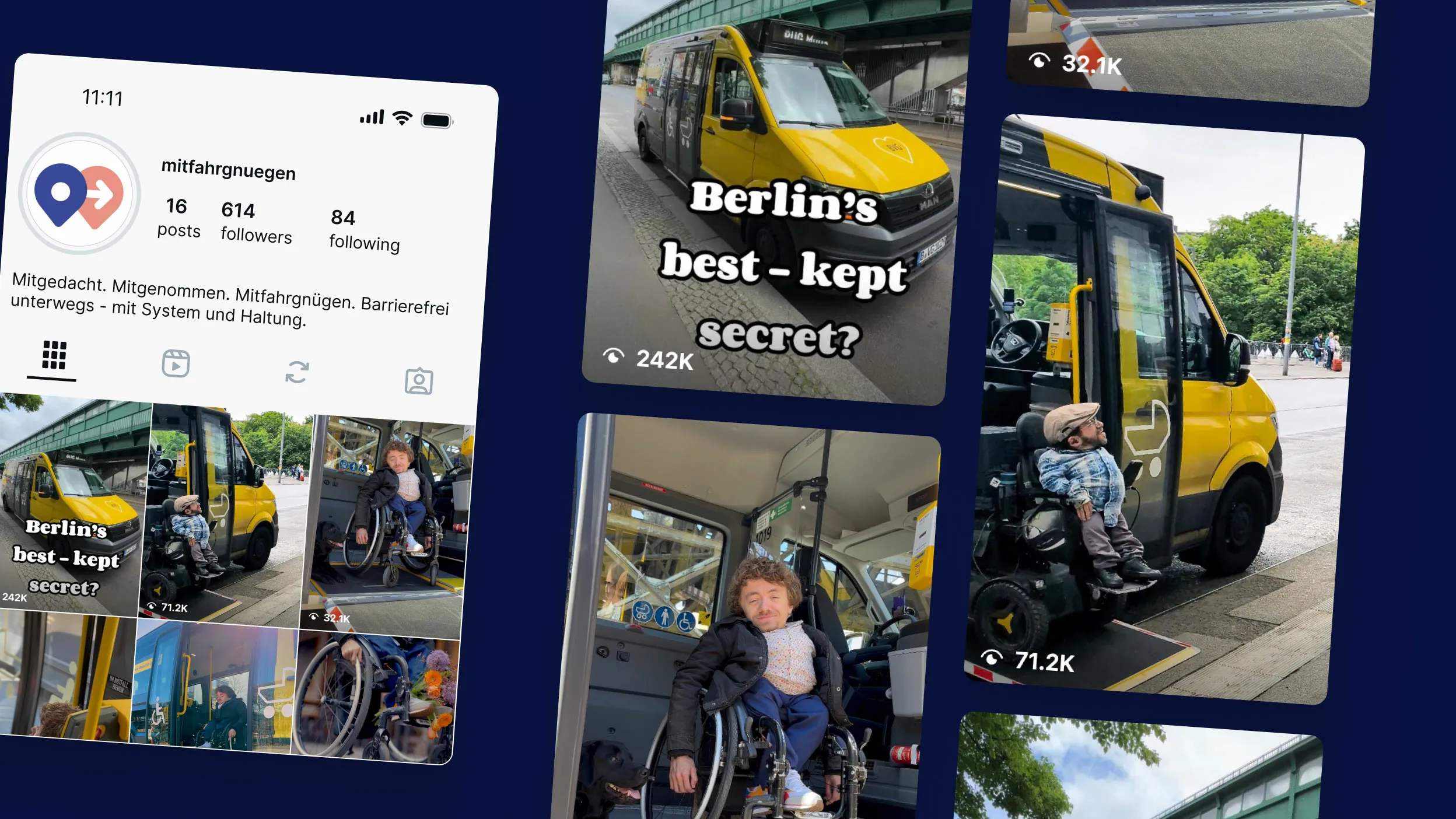 Screenshot-Montage von Instagram-Reels des Kanals „mitfahrgnügen“: barrierefreie Mobilität und BVG Muva für Nutzer:innen mit Behinderung in Berlin.
