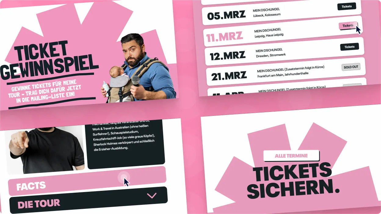 Ein Mann mit Babytrage und Mikrofon steht vor einem großen, pinken Stern. Dieser Stern rotiert durch maßgeschneiderten Code stetig im Hintergrund der Website und bringt Dynamik auf die Seite. Daneben bewirbt ein auffälliger Text ein Ticket-Gewinnspiel. Eine Liste von Tourdaten gibt verschiedene Termine und Orte dynamisch aus. Ein spezifischer Termin und der zugehörige Ticket-Button leuchten durch einen programmierten CSS-Hover-Effekt in Pink auf.