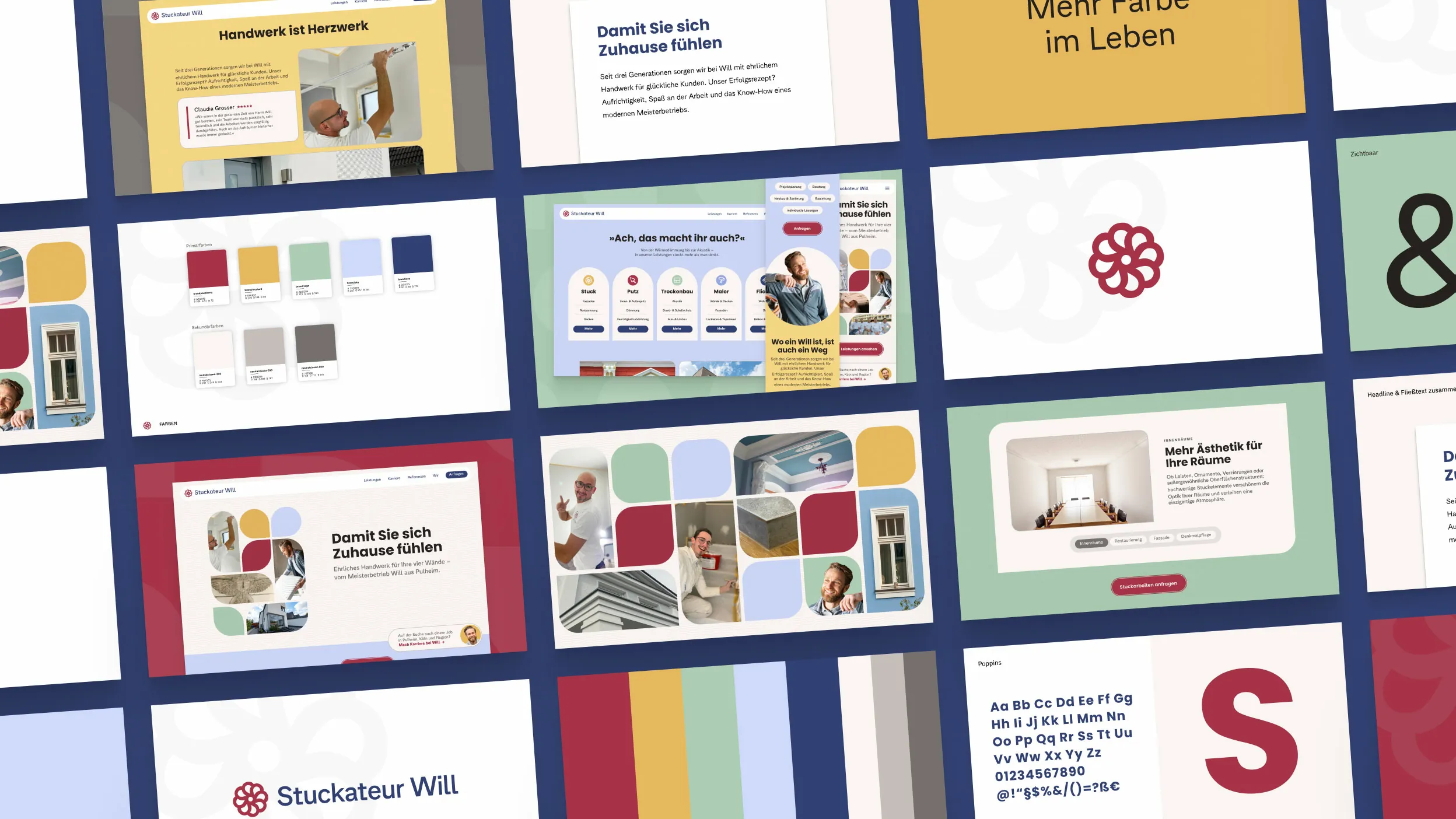 Das Moodboard visualisiert die Corporate Identity für Stuckateur Will. Es präsentiert das moderne Webdesign, die klare Typografie und das einheitliche Branding-Konzept der Agentur.