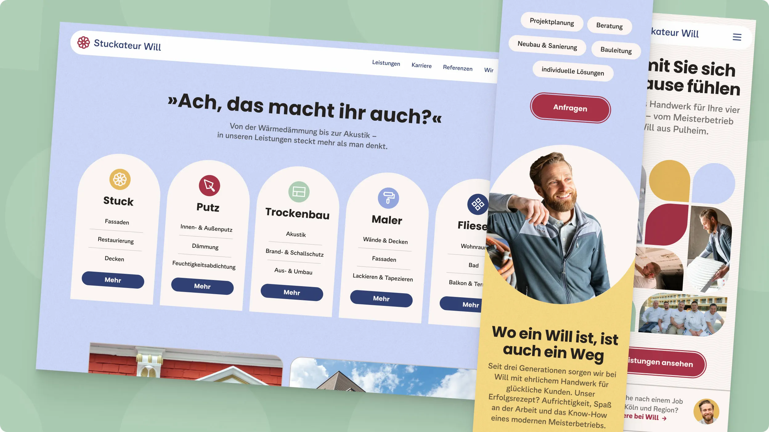 Das Mockup präsentiert die neue Website von Stuckateur Will parallel auf einem Desktop-Monitor und einem Smartphone. Es demonstriert die responsiven Layouts der Leistungsübersicht und die nutzerzentrierte Navigation.
