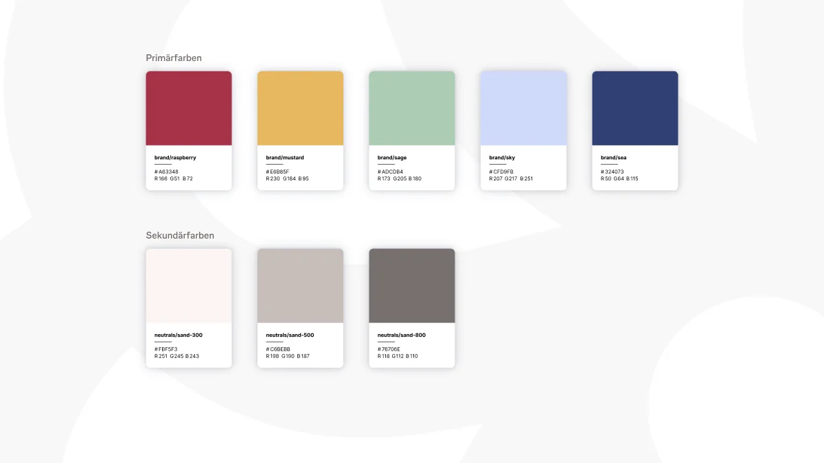 Designsystem von Stuckateur Will: Farbpalette mit fünf Primärfarben (Raspberry, Mustard, Sage, Sky, Sea) und drei neutralen Sandtönen als Sekundärfarben.