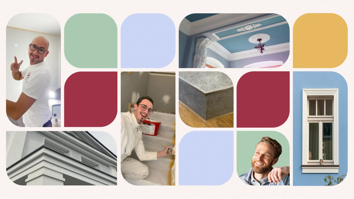 Bildwelt der Marke Stuckateur Will: Collage aus Handwerker-Porträts, Stuckdetails, Fassaden- und Innenraumaufnahmen im Stil des neuen Corporate Designs.