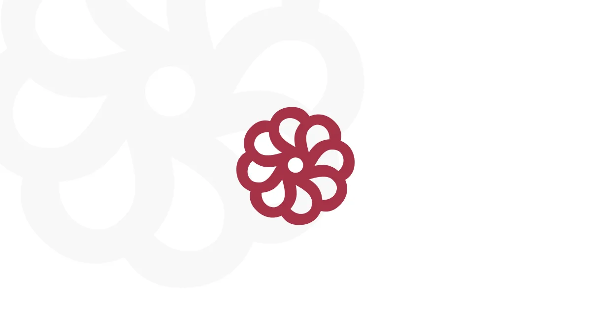 Signet von Stuckateur Will: Stilisiertes Blüten-Icon in Raspberry-Rot, freigestellt auf weißem Hintergrund mit subtil wiederholtem Markenmuster.