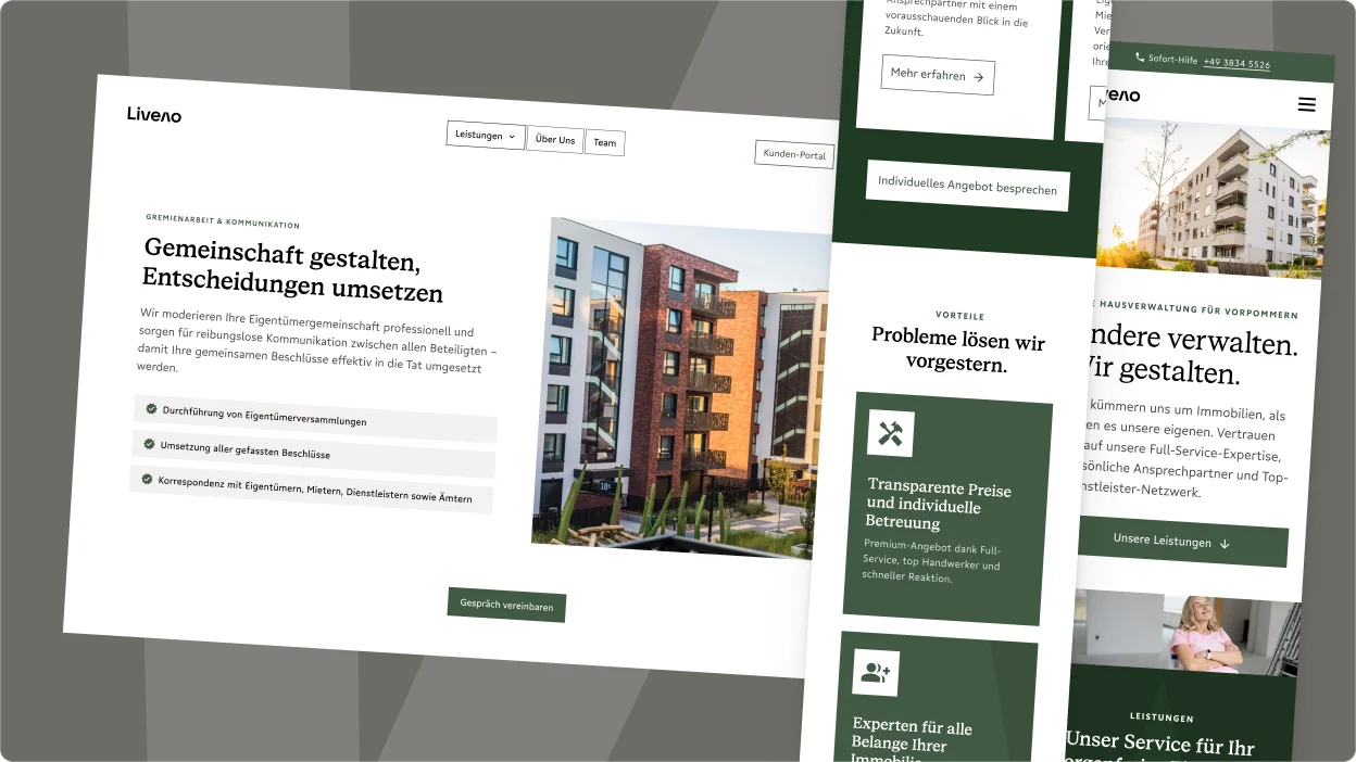 Responsive Webdesign der digitalen Hausverwaltung Liveno auf Desktop und Mobilgeräten.