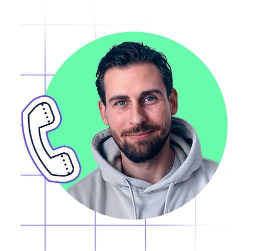 A picture of our colleague Jacques in a green circle with a cartoony telephone icon next to it.